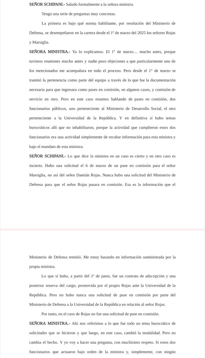 FelipeSchipani's tweet photo. LA MINISTRA LE MINTIÓ AL PARLAMENTO 

Así intentó explicar la ministra Lazo, en la Comisión Investigadora del caso Cardama, el funcionamiento del grupo de trabajo ilegal que conformó en el Ministerio de Defensa.

Personas que, al mismo tiempo que se desempeñaban en comisión en el Parlamento con legisladores del Frente Amplio, actuaban como asesores de la ministra, participaban en interrogatorios, proponían sanciones a almirantes, mantenían reuniones con empresarios, utilizaban correos institucionales, firmaban expedientes y accedían a información confidencial del Ministerio de Defensa.

Lo más grave es que la ministra no advierte la gravedad de esta situación. Mintió en su comparecencia al intentar justificar un grupo de trabajo ilegal.

Las actas hablan por sí solas. (1/1) 👇