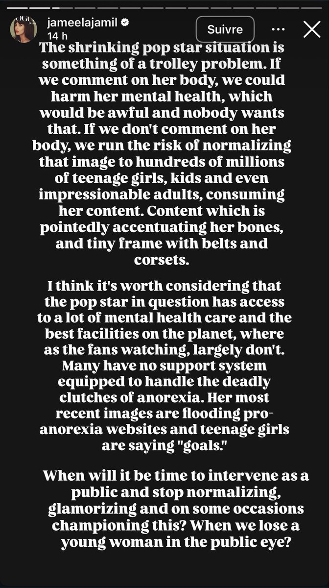 highp1xie's tweet photo. Jameela Jamil gave a perfect nuanced take on this and I genuinely don’t think we need to hear anymore opinions on it, especially not articles people are paid to write. Very few people are handling this with the care it requires, so just Stop. https://t.co/OCVIe7P8z7