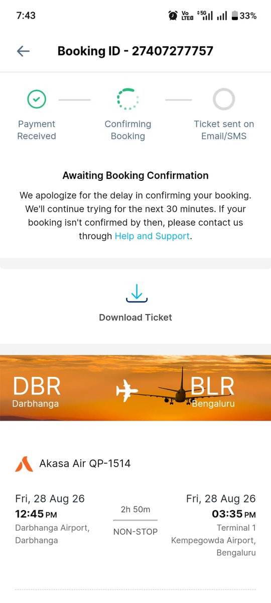 imMukeshK's tweet photo. @Paytmcare I booked flight ticket from DBR to BLR, ticket confirmation still not get. After reaching times on help &amp; support team also.Still didn't received any help.
Could you please help. https://t.co/LHp1sduA05