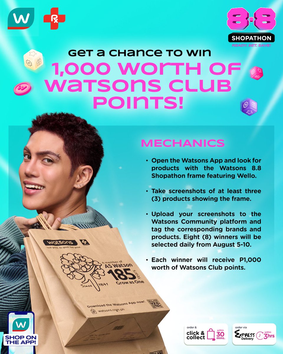 WatsonsPH's tweet photo. Ready to shop and win? 🛒✨

Watsons Club members, spot the 8.8 Shopathon frame featuring Wello in the Watsons App, screenshot at least three qualifying products, share your finds on the Watsons Community platform, and get a chance to win ₱1,000 worth of Watsons Club Points! ✨

Watsons Community: https://t.co/rHUYSA2otQ

Shop, share, and win more rewards this 8.8 Shopathon!
#WatsonsPH #Watsons88Shopathon #ASWatson185