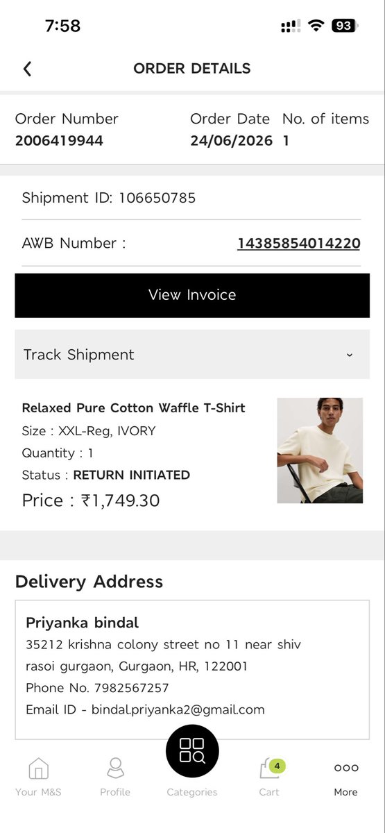 _nikgupta's tweet photo. @marksandspencer 
I purchased a T-shirt and mistakenly scheduled the pickup from the wrong address. I wasn’t available there, and courier marked an incorrect remark, so the return is now stuck. Can you please update the pickup to my other saved address and help resolve this? https://t.co/sPNYO5Jtfy