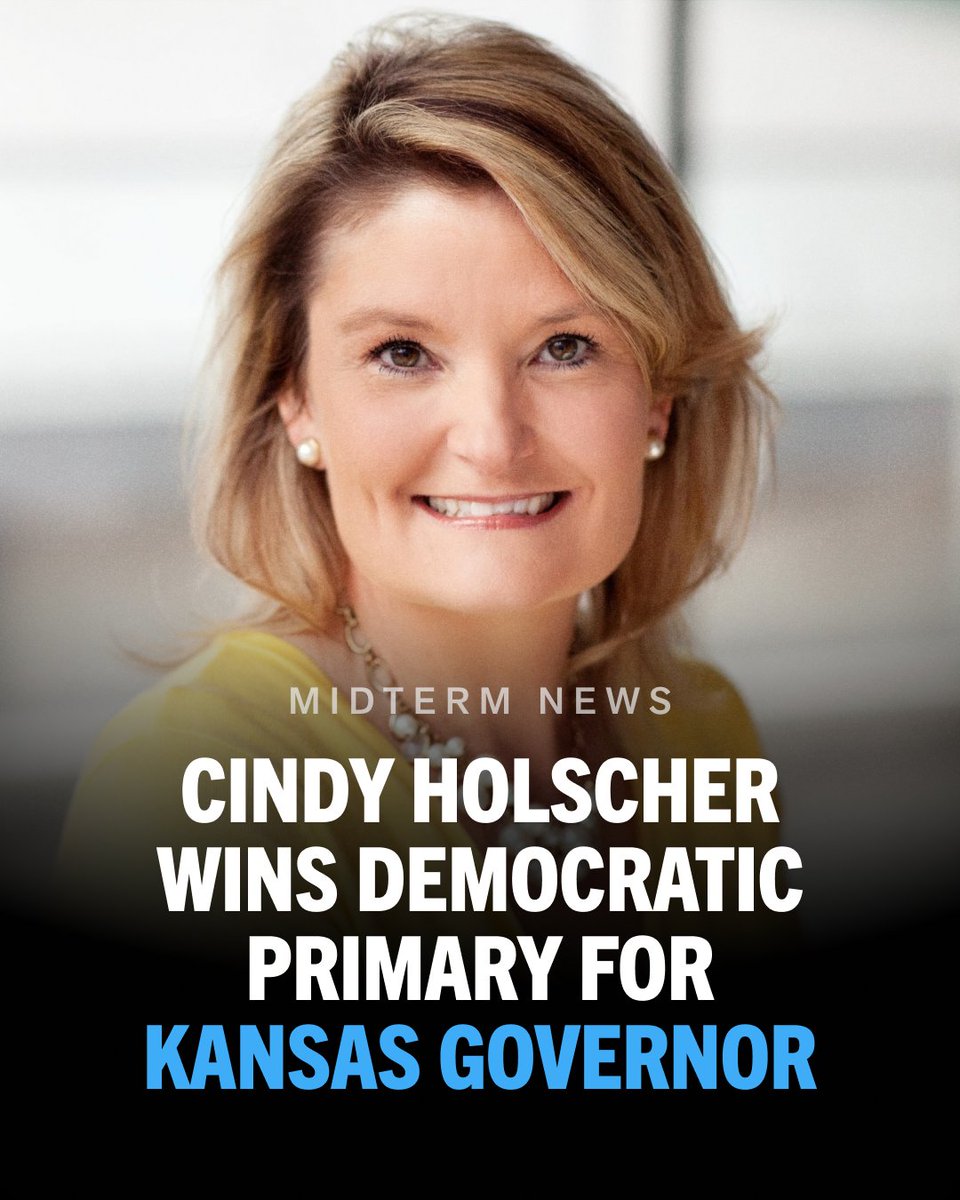 TheDemocrats's tweet photo. NEW: Cindy Holscher has won the Democratic nomination for Kansas governor!

Congrats, Cindy. Onward! https://t.co/jdyWWXrwPq