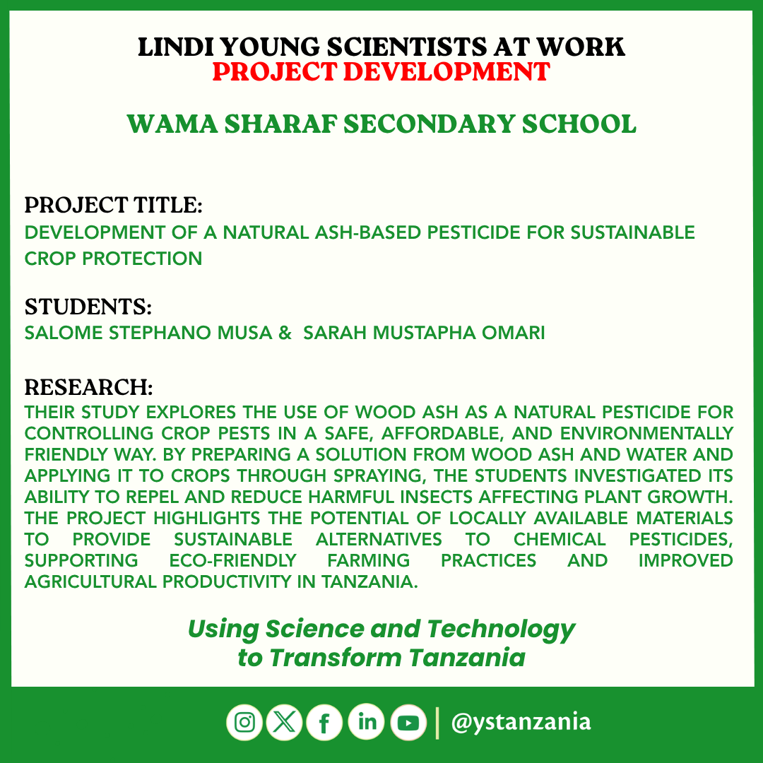 ystanzania's tweet photo. Young innovators Salome Stephano Musa and Sarah Mustapha Omari of Wama Sharaf Secondary School are developing a natural wood ash-based pesticide for safe and sustainable crop protection. #ScienceForDevelopment #STEM #Innovation https://t.co/SIotrT98tv
