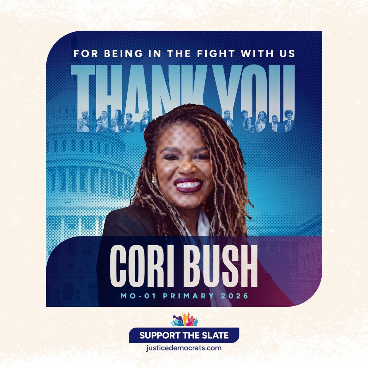 justicedems's tweet photo. We're so proud to have been in the fight with @CoriBush  since her first race in 2017.

Cori is the model for the type of working class champion &amp; fighter that Democratic voters across the country are clamoring for.

That's why she will always be an existential threat to AIPAC. https://t.co/OJT02yaJiB