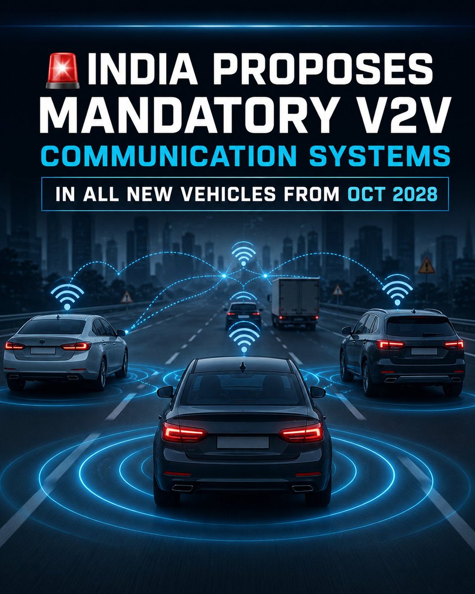 _techiefeed's tweet photo. India proposes mandatory Vehicle-to-Vehicle (V2V) tech in all new vehicles from October 1, 2028:  

- All Vehicles Included: Covers two-wheelers, cars, buses, and trucks under the new AIS-230 safety standard.
- Dedicated Spectrum: Operates on the license-exempt 5.875–5.925 GHz band via C-V2X.  
- Proactive Safety: Real-time warnings for blind corners, sudden braking, wrong-way driving, and emergency vehicles.  

#RoadSafety #MoRTH #V2V #TechNews