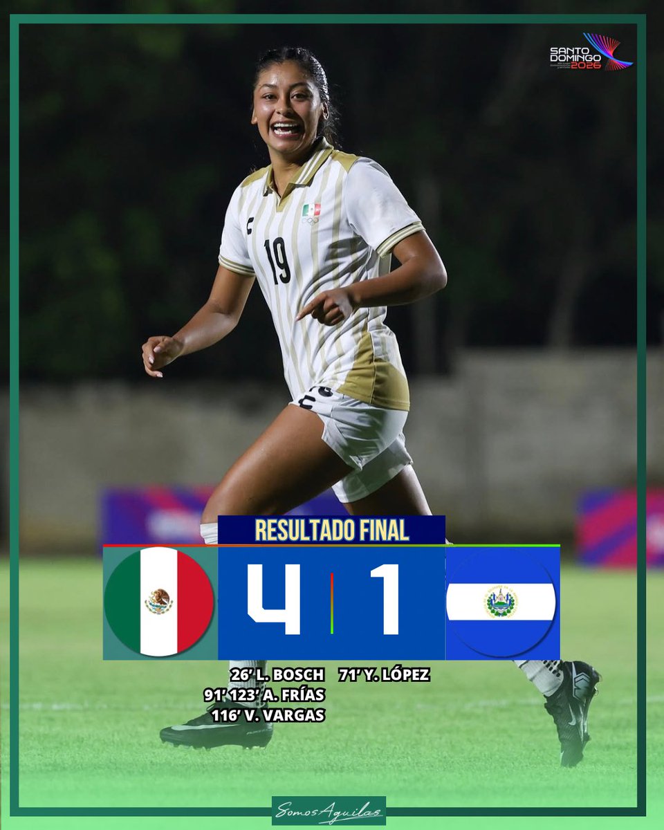 SomosAguilasOf's tweet photo. A LA FINAL‼️
México le ganó 4-1 a El Salvador en tiempos extras.🤩
Goles de Lourdes Bosch, Valerie Vargas y doblete de America Frías.⚽️⚽️⚽️⚽️
Buscarán la medalla de oro frente a Colombia.🔥
#Mexico #Victory #SantoDomingo2026 #ElSalvador #Women https://t.co/VqXnVUrDSZ