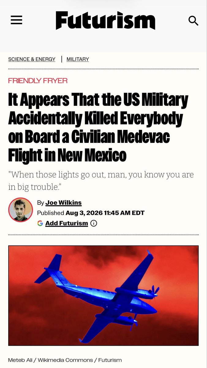 realmikeglynn's tweet photo. This piece from Futurism shouldn’t be making the rounds because it fundamentally misstates the findings of the NTSB preliminary report and attributes the recent loss of a King Air medevac near Ruidoso, NM to GPS jamming from the U.S. Army. 

This crew launched planning to either fly a visual approach on a zero illumination night in mountainous terrain or to fly one of two instrument approaches that weren’t authorized due to equipment outages. 

GPS jamming is common near some installations. It was noted in the NOTAMs this crew reviewed. They identified it during the flight and ATC requested the Army to shut down the jammer, which they did.

Even after having received GPS interference the crew requested to fly the GPS based RNAV 24 approach. Why would you ask to fly an approach with equipment you just saw was unreliable? At night. In mountainous terrain. 

The crew then proceeded to call the field in sight and proceed visually with no instrument backup. They descended below a ridge line in the Capitan Mountains and impacted terrain. A tragic, yet classic, controlled flight into terrain (CFIT) scenario. 

IMO this flight should never have been dispatched. But given that it was, shooting a visual approach with no instrument backup at night is poor judgement. Even more so in mountainous terrain. 

This crew lacked the training and judgement to assess the situation and respond. The Futurism article is sensationalist and fundamentally misrepresents the sequence of events.