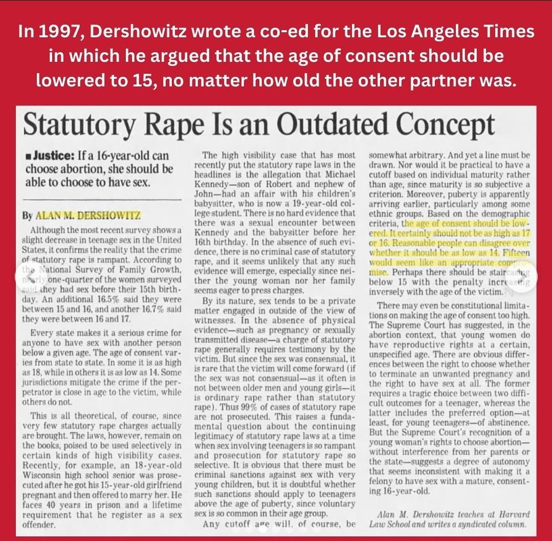 goddek's tweet photo. ALAN DERSHOWITZ (@AlanDersh):

✔️ Epstein’s lawyer.
✔️ Jewish-American Zionist.
✔️ Epstein Island visitor.
✔️ Accused of rape by Epstein survivors.
✔️ Publicly argued that adults should be allowed to have sex with 14-year-old children.

TRUMP: “Alan is a Great American Patriot.” https://t.co/EajHWW5W4h