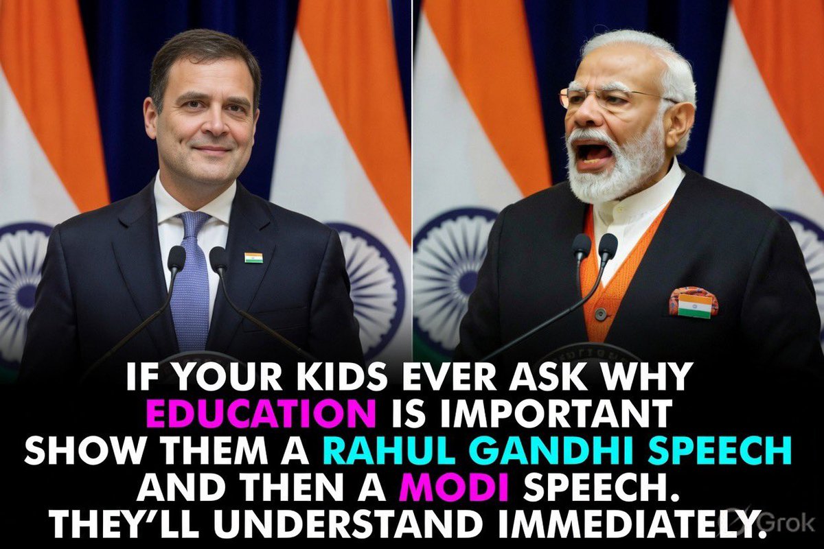 GuptaPragnya's tweet photo. If your kids ever ask why education is important…
Just show them one Rahul Gandhi speech.
Then show them one Modi speech.

No further explanation would be needed.
Classroom Dispersed. 
Class Over. 🎓 https://t.co/jm7F5Abl5j