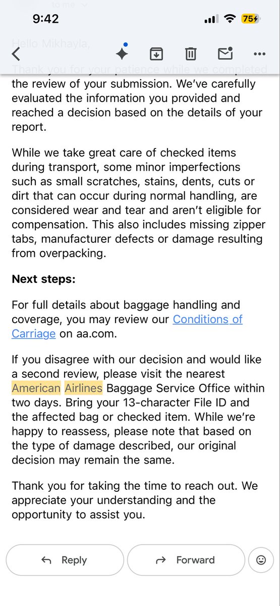 Mikhayla92's tweet photo. @AmericanAir you all broke my wheel on my checked bag and I can’t wheel it and you want to call this minor?! Also, how can I come in within 2 days when I can’t leave until end of the week because of work? Wtf https://t.co/H1AaVnhD13