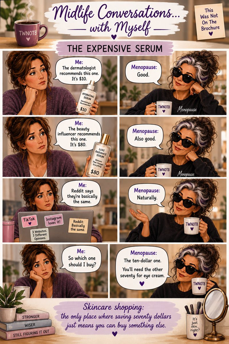 TWNOTB's tweet photo. The real midlife flex isn’t buying the $80 serum…
it’s having the self-awareness to walk away from it 😏 Who else is over here budgeting for eye cream like it’s a second mortgage? For more conversations that only make sense after 40, follow @TWNOTB 
#TWNOTB #MidlifeHumor #MenopauseLife #SkincareOver40 #ThisWasNotOnTheBrochure #PerimenopauseProblems #WomenOver40 #HormonalHumor #AgingWithAttitude #EyeCreamBudget