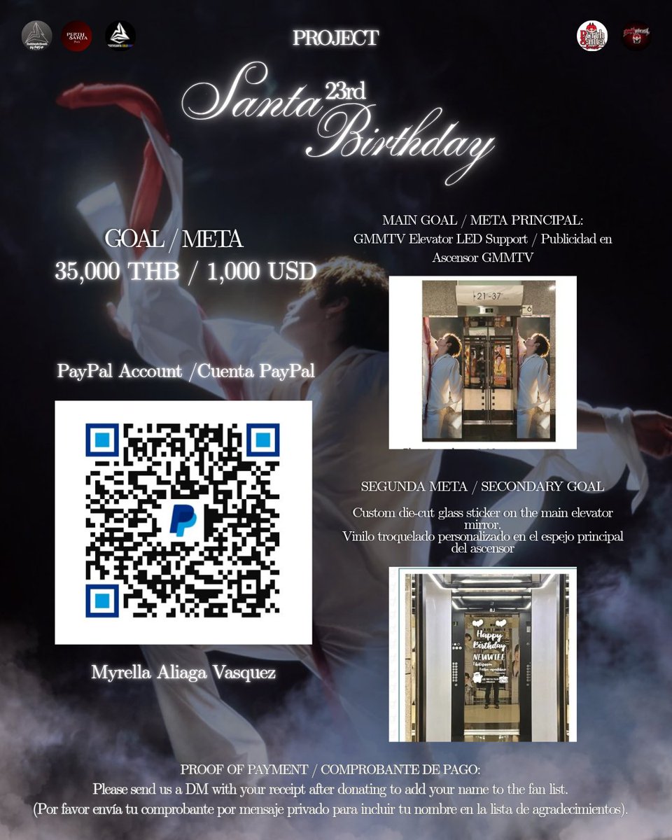 Only_PSRT's tweet photo. 🎁 SANTA 23rd BIRTHDAY PROJECT 💫

​We are officially launching the fundraising campaign to celebrate our beloved Santa's birthday! 🤍✨

We want to give him a special moment and fill him with love through incredible projects.

​🎯 1st Goal: GMMTV Elevator Ad.
🎯 2nd Goal: Custom mirror sticker (Glass Media).

​⏳ Deadline: September 15th
💳 PayPal Donations: Scan the QR code on the flyer.

​📩 Important: Send us a DM if you have any questions or with your receipt.

​Every contribution, no matter how small, brings us closer to making Santa shine on his day! Thank you for being part of this. 🤍

​#Santapp
#Santa23rdBirthday
#เพิร์ธแซนต้า #PerthSanta