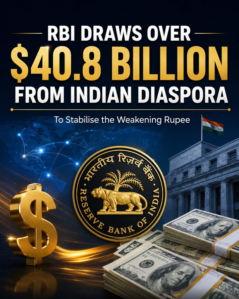 _techiefeed's tweet photo. The Reserve Bank of India (RBI) has drawn over $40.8 billion in foreign currency inflows since June 2026 to stabilize the rupee:

- Diaspora Surge: Over 90% ($36.73B) came via FCNR(B) deposits under the RBI's special swap facility.
- Diversified Capital: Includes $2.58B in offshore bank borrowings and $1.52B through PSUs' External Commercial Borrowings.
- Rupee Cushion: Boosts foreign exchange reserves and banking liquidity to cushion the currency against global market volatility.

#RBI #Rupee #Forex #NRI #IndianEconomy