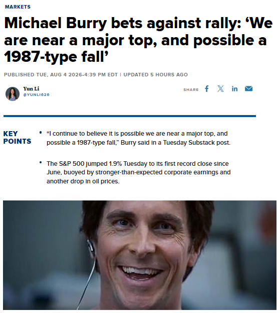 Barchart's tweet photo. JUST IN 🚨: The Stock Market is approaching a major top and a possible 1987-like crash, warns Michael Burry, the man who has predicted 60 of the last 2 market crashes 🤯 👀 https://t.co/OJeCuz01ph