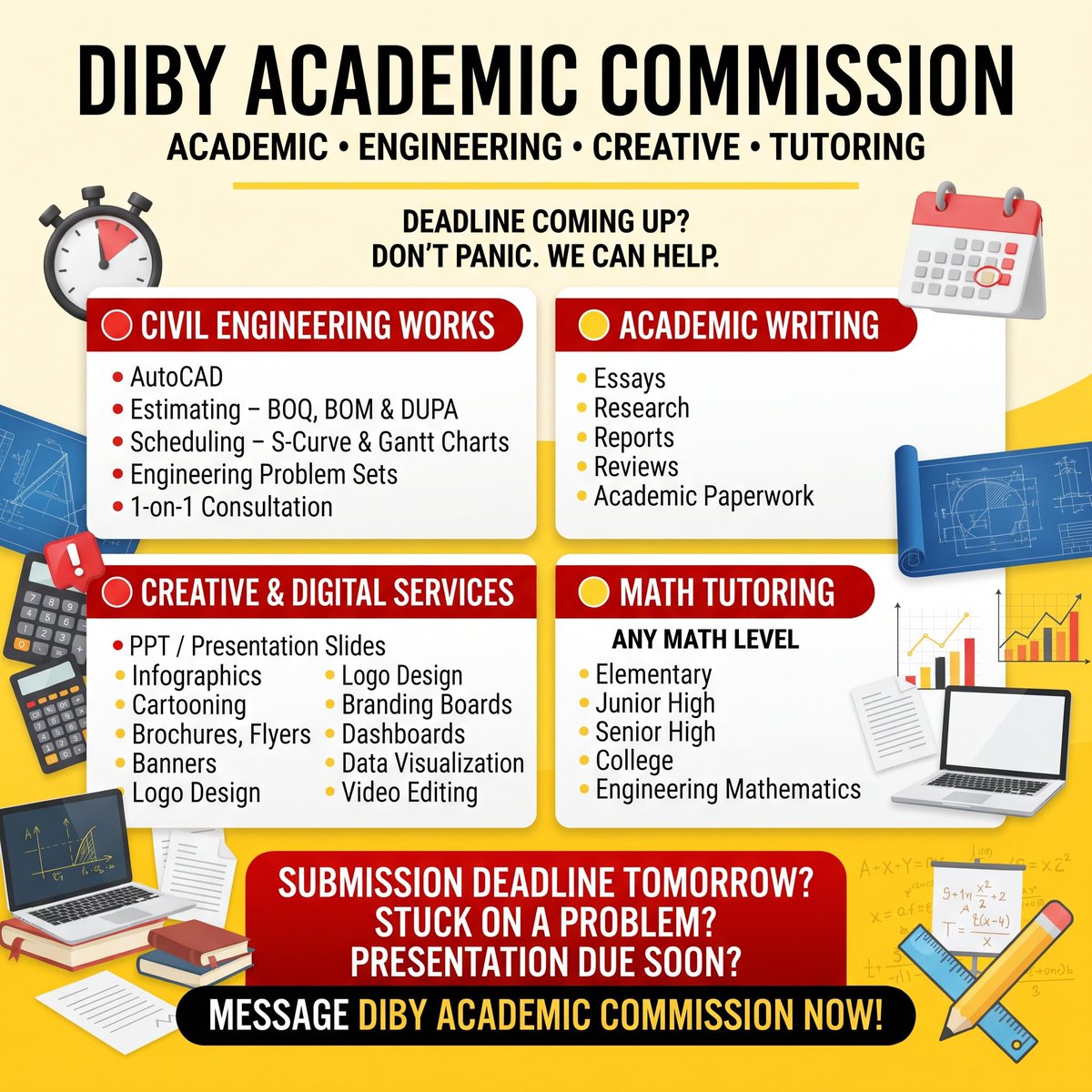 Diby_06's tweet photo. 📚 DIBY Academic Commission is BACK! 🚨

Need help with Civil Engineering, AutoCAD, BOQ/BOM/DUPA Estimating, Project Scheduling, Academic Writing, PPT &amp; Presentation Design, Data Visualization, or Math Tutoring?

📩 Message us today—especially if your deadline is coming up! https://t.co/66wZoBsUma