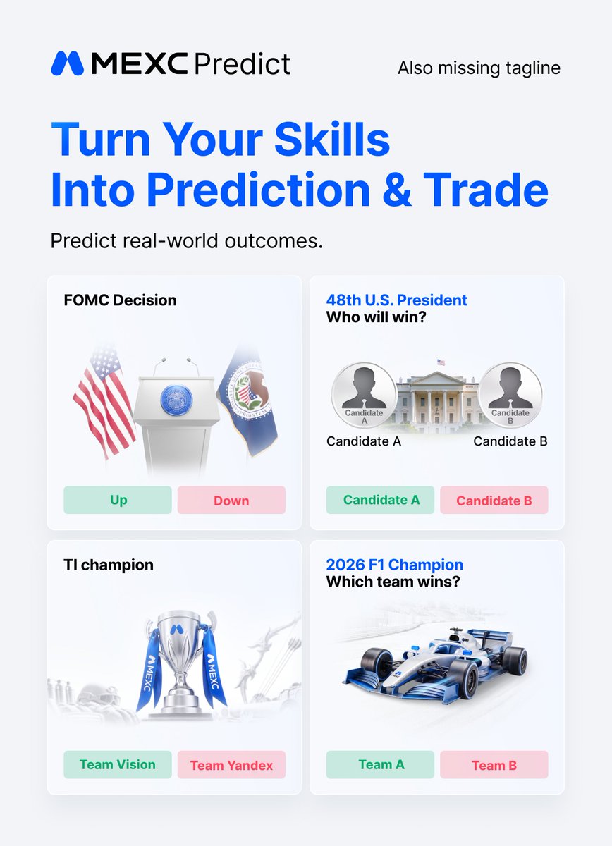MEXC_Predict's tweet photo. Think you know who's going to be the next POTUS, F1 2026 World Champion, or TI winner?

Prediction Market lets you turn your market insights into trading strategies, and potentially profit.

Try it now on #MEXC and earn up to $2,180: https://t.co/tZXNAXnWvw

#MEXCpredict https://t.co/iN1UzTN9ha
