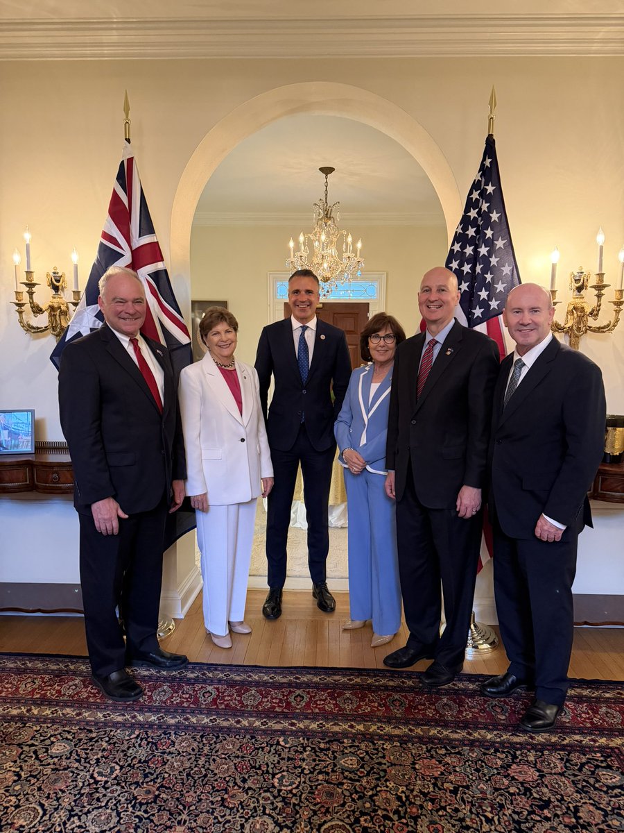 PMalinauskasMP's tweet photo. A real honour to have four US Senators join us at the Australian Embassy in Washington DC.

Thank you to @SenTimKaine of Virginia, @JeanneShaheen of New Hampshire,
@RosenForNevada and @PeteRicketts of Nebraska.

And thank you to @AusintheUS Ambassador Greg Moriarty for hosting.

It was a great opportunity to discuss AUKUS, the Australia–United States alliance, and showcase the enormous opportunities South Australia has to offer.