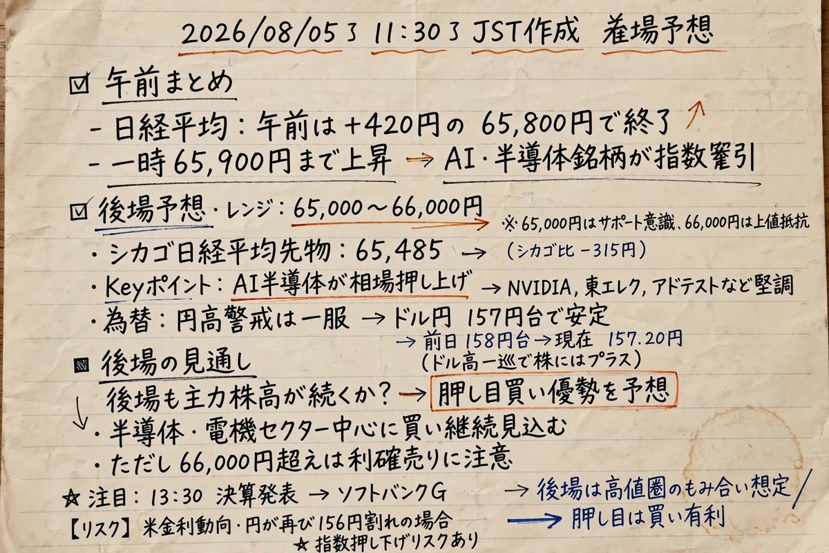 TokyoEquityJP's tweet photo. 後場予想 8/5
寄付65,485円がポイント
65,000キープなら66,000トライ
円高警戒一服 ドル円157円台で輸出もOK
AI半導体が引き続き主導
午後も強い？ https://t.co/lyOmJQtUBX