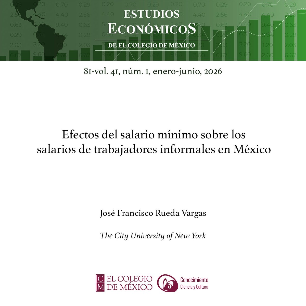 elcolmex's tweet photo. ¿De qué forma influye el aumento del salario mínimo en el trabajo informal? Lee el artículo de José Francisco Rueda (@CUNY): https://t.co/AKrp3my6Md, en el que analiza el impacto de un incremento del salario mínimo, acompañado de diversos incentivos fiscales, sobre los salarios de los trabajadores informales a partir de la implementación de estas políticas en los municipios de la frontera norte de México en el año 2019. 
Consulta en #AccesoAbierto los textos de @EstudiosEconom y recuerda que todas las revistas de investigación de El Colegio de México cuentan con un menú de accesibilidad en la parte inferior izquierda de su sitio web, donde podrás personalizar aspectos visuales como el contraste, interlineado, tamaño del cursor, texto y más. @CEEColmex