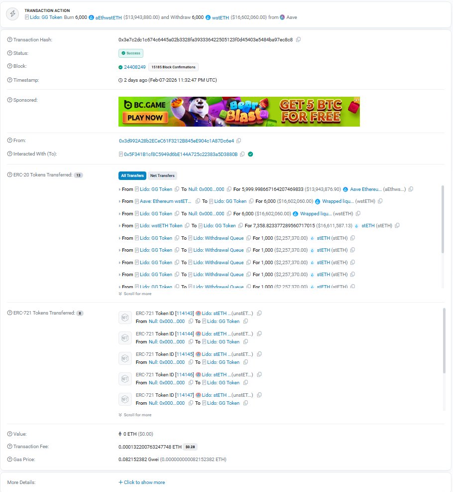 onchainwallets's tweet photo. Lido: GG Token burned + 6,000 wstETH ($16.6M) withdrawn from Aave on 02/07/2026! ππ£
A sequence of six withdrawals of 1,000 stETH each sent to the queue.
Fee? Just $0.28.
This is institutional redistribution at scale!
#stETH #wstETH #Aave #WhaleWatch #BlockchainMoves #Ethereum https://t.co/eE4eYYq1r2