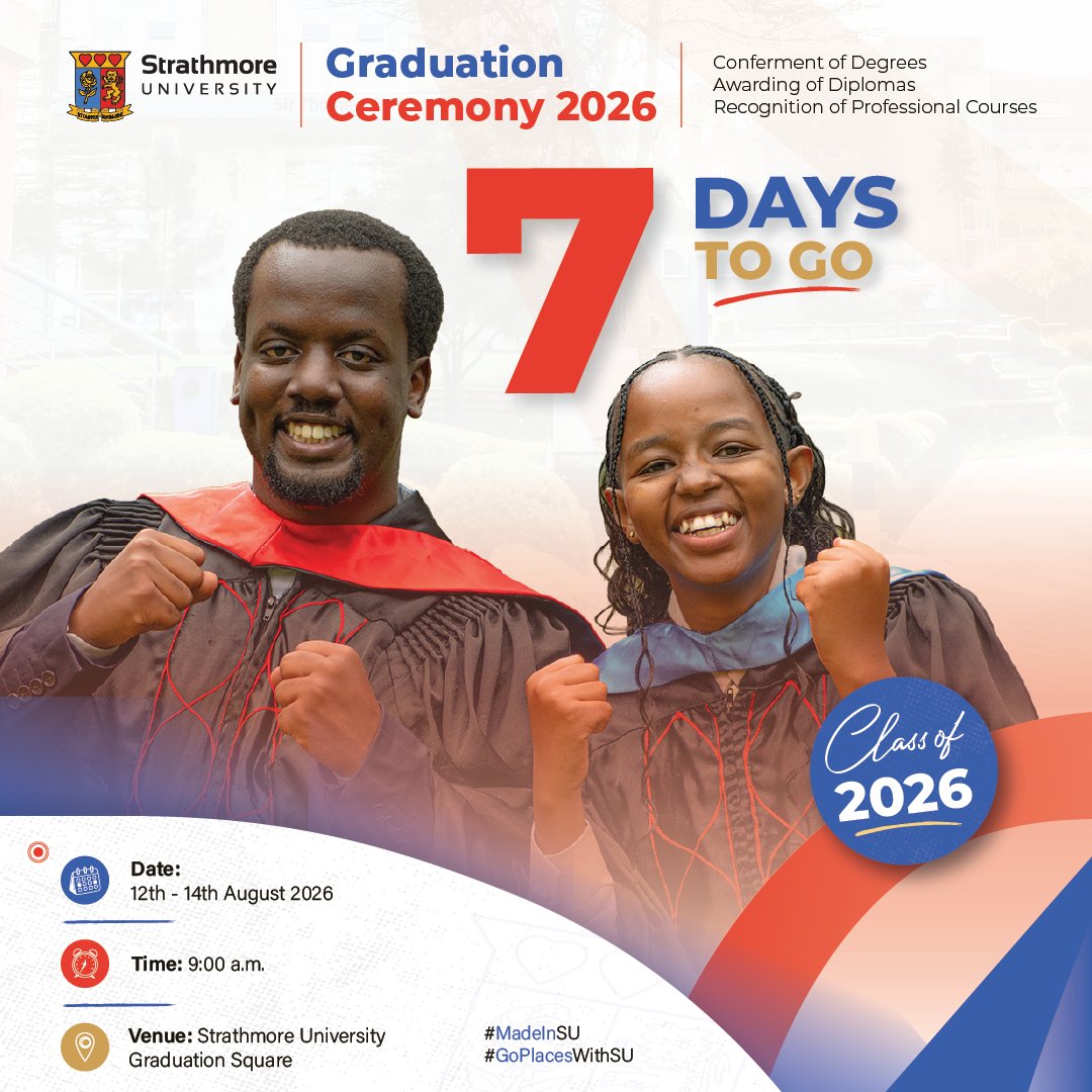 StrathU's tweet photo. Only 7 days to go!
The excitement is building🎉
Here's to the journeys, the friendships, and the achievements in #StrathMore 🍻
Congratulations #ClassOf2026!
#MadeInSU #GoPlacesWithSU #DegreeKwaMfuko #DiplomaKwaMfuko #SUreFuture https://t.co/KyRiK3fP1Y