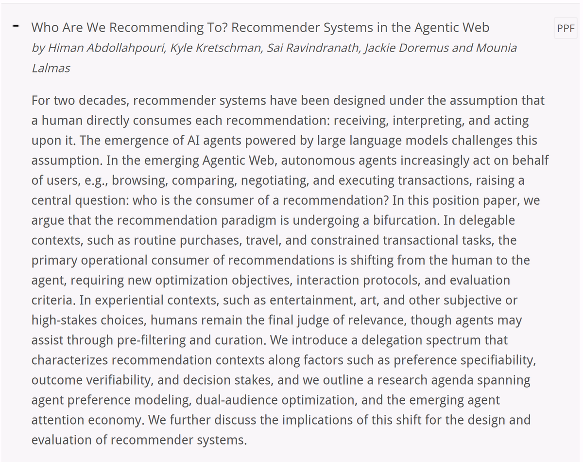 AixinSG's tweet photo. So glad to learn that we both share the very same vision for the future of #RecSys!
Both position papers focus on how AI agents change who we are recommending to. The Agentic Web is here, and RecSys needs a paradigm shift! https://t.co/oSNITEEA1D