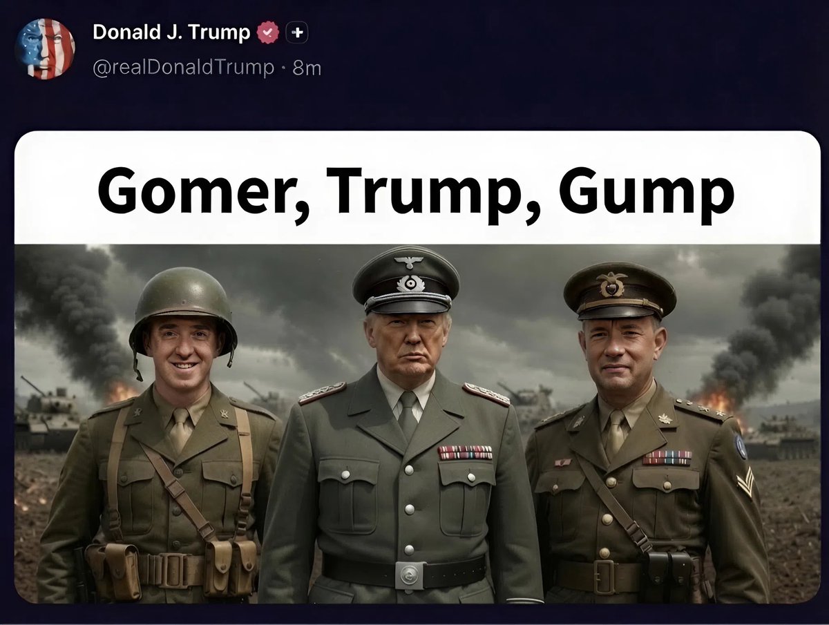 GaryPetersonUSA's tweet photo. President Trump proves he is worthy to stand alongside history’s greatest Generals, Gomer Pyle and Forrest Gump. https://t.co/1nUcUVDkir
