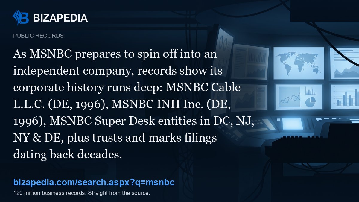 Bizapedia's tweet photo. As MSNBC prepares to spin off into an independent company, records show its corporate history runs deep: MSNBC Cable L.L.C. (DE, 1996), MSNBC INH Inc. (DE, 1996), MSNBC Super Desk entities in DC, NJ, NY & DE, plus trusts and marks filings dating back decades.

https://t.co/rA6MW59xry