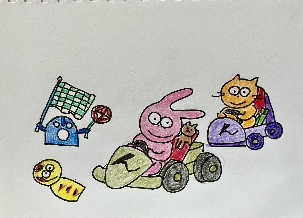 taiga_dou's tweet photo. イラスト部
夏休みだから
ゴーカート乗ってみた
#イラスト好き　#はにわ　#ねこ
#こけし　#うさぎ　#色鉛筆 https://t.co/QxkAy3MkJb