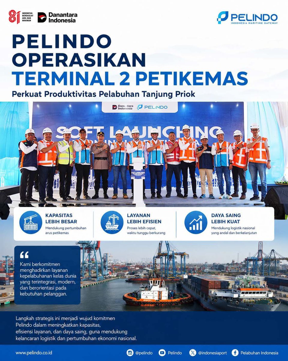 indonesiaport's tweet photo. Halo #Portizen,

Pelindo melakukan soft launching sekaligus tahap uji coba operasional Terminal 2 Petikemas ditandai dengan sandar kapal perdana MV Meratus Konawe di Pelabuhan Tanjung Priok.

#Pelindo #TransformasiPelindo #Pelabuhan #Logistik https://t.co/EHDVjJb3gf