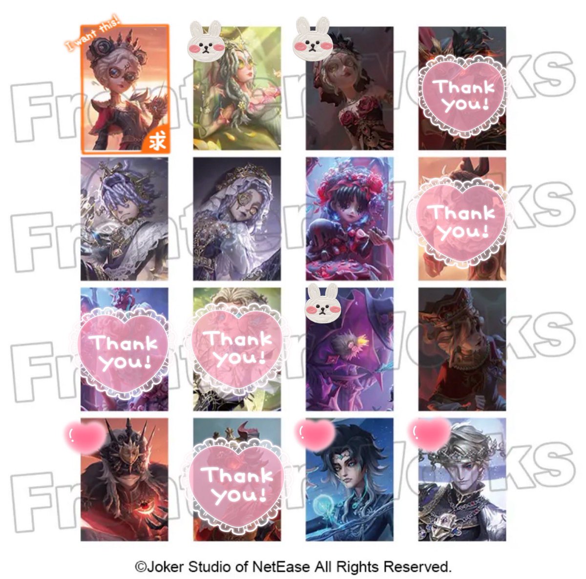 aaaa1013s's tweet photo. 【交換/譲渡】Identity V トレーディングカード ビジュアルコレクション Vol.1 

❁⃘譲
画像参照(1box)

❁⃘求
機械技師~5>定価+送料

ྀི♡は同数🐰含むお取引
ྀི無印、🐰は特に条件ございません
ྀི纏めての方🐰含む方優先とさせて頂きます
ྀི全て埋めたい為お返事にお時間頂きます

↓ https://t.co/VYvHgSH9mE