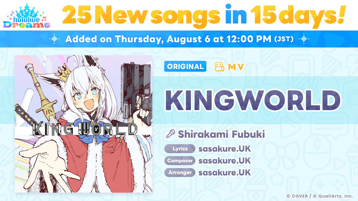 holo_dreams_en's tweet photo. /／
💿  25 New Songs in 15 Days Campaign
Introducing a New Song!
\＼

"KINGWORLD"

To be added tomorrow, Thursday, August 6 at 12:00 PM (JST)✨

Once added, you can exchange Music Discs in the Song Shop to unlock and play the new song! 💿️

#holodori https://t.co/s1TKUVaNaG