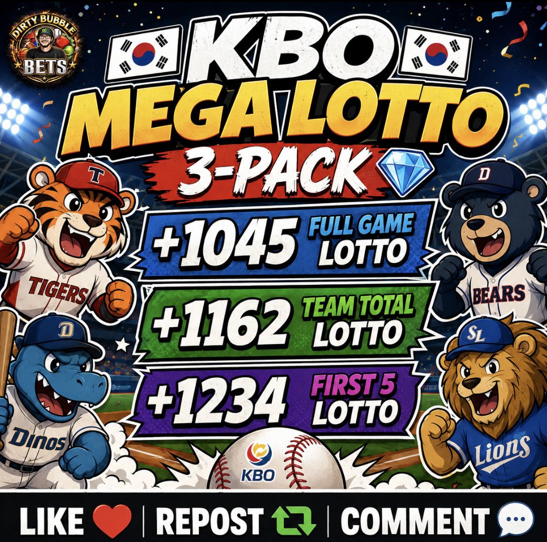 DirtyBubbleBets's tweet photo. KBO Mega Lotto 3-Pack 🇰🇷

Grab All 3 Of Them HERE 👇
https://t.co/tVVceMau42

Sending 5 People A Lotto FREE 💎

Like ❤️ + Repost ♻️ + Comment 💬 https://t.co/svgS4Jz2Bn