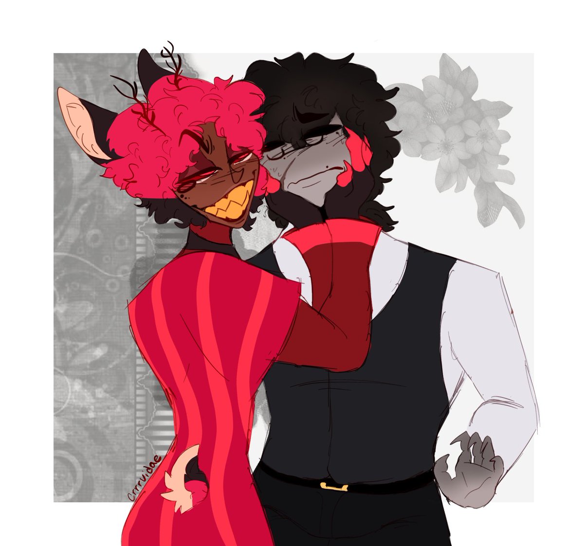 a0naran_'s tweet photo. I've been dead a while,,
I feel absolutely god awful right now, but here's some recent yume art I got for a character4art trade!
(Lucifer design is mine, I plan on making a proper colored ref for Al and one for Vox as well,,)

©crrrvidae on toyhouse! https://t.co/e1cIwFyIio