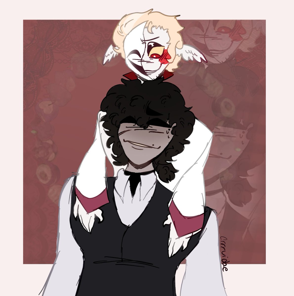 a0naran_'s tweet photo. I've been dead a while,,
I feel absolutely god awful right now, but here's some recent yume art I got for a character4art trade!
(Lucifer design is mine, I plan on making a proper colored ref for Al and one for Vox as well,,)

©crrrvidae on toyhouse! https://t.co/e1cIwFyIio