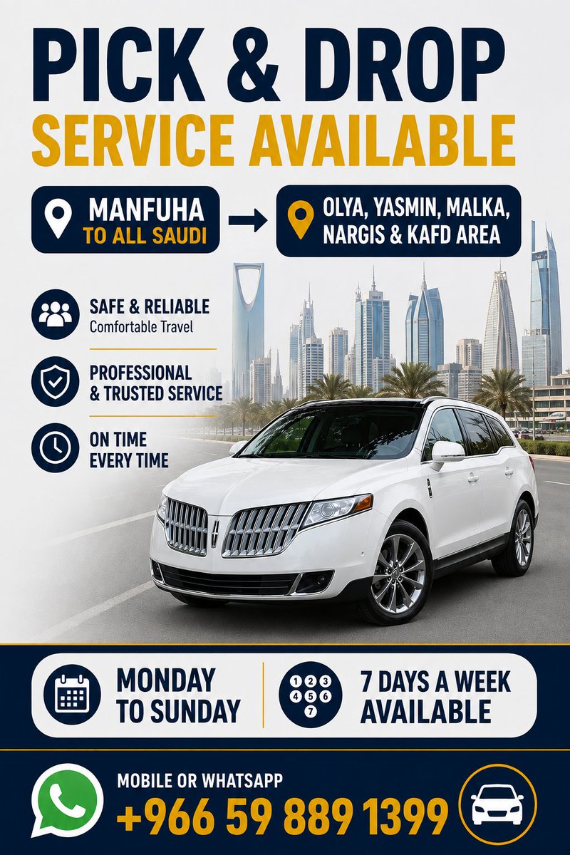 if1rl's tweet photo. Pick & Drop Service Across Saudi Arabia 🇸🇦
✅ School & College Transport
✅ Office & Staff Pick & Drop
✅ Airport Transfers
✅ Home to Work / Work to Home
✅ Private & Regular Rides
📲 WhatsApp: +966598891399
#SaudiArabia #PickAndDrop #Riyadh #TransportService #TaxiService https://t.co/UTC4LSASDU