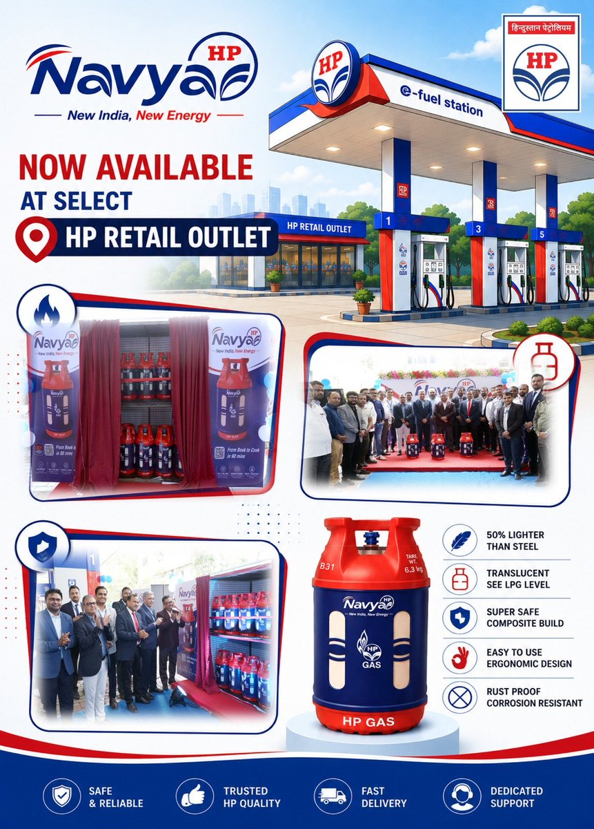 BlroHpcl's tweet photo. More Ways to Bring Home Premium Cooking! 🔵🔴
HP Navya is now available not only at select HP Gas Distributorships but also at select HP Retail Outlets in Ahmedabad.
Experience the premium, lightweight composite LPG cylinder with greater convenience than ever before.
📍 Available now at select locations across Ahmedabad.
#HPNavya #NewIndiaNewEnergy #HPGas #Ahmedabad #CompositeCylinder #PremiumCooking #HPCL #Convenience @HPCL @HPGAS_HQO