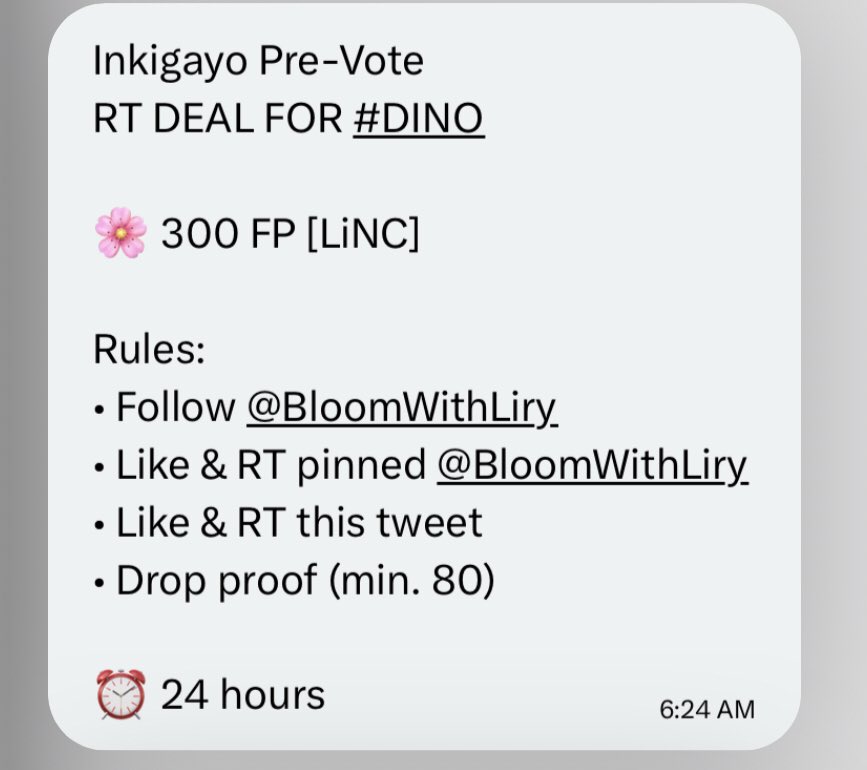 haocattos's tweet photo. Inkigayo Pre-Vote 
RT DEAL FOR #DINO

🌸 300 FP [LiNC]

Rules:
• Follow @BloomWithLiry
• Like &amp; RT pinned @BloomWithLiry
• Like &amp; RT this tweet 
• Drop proof (min. 80)

⏰ 24 hours https://t.co/4PXPP7IxBi