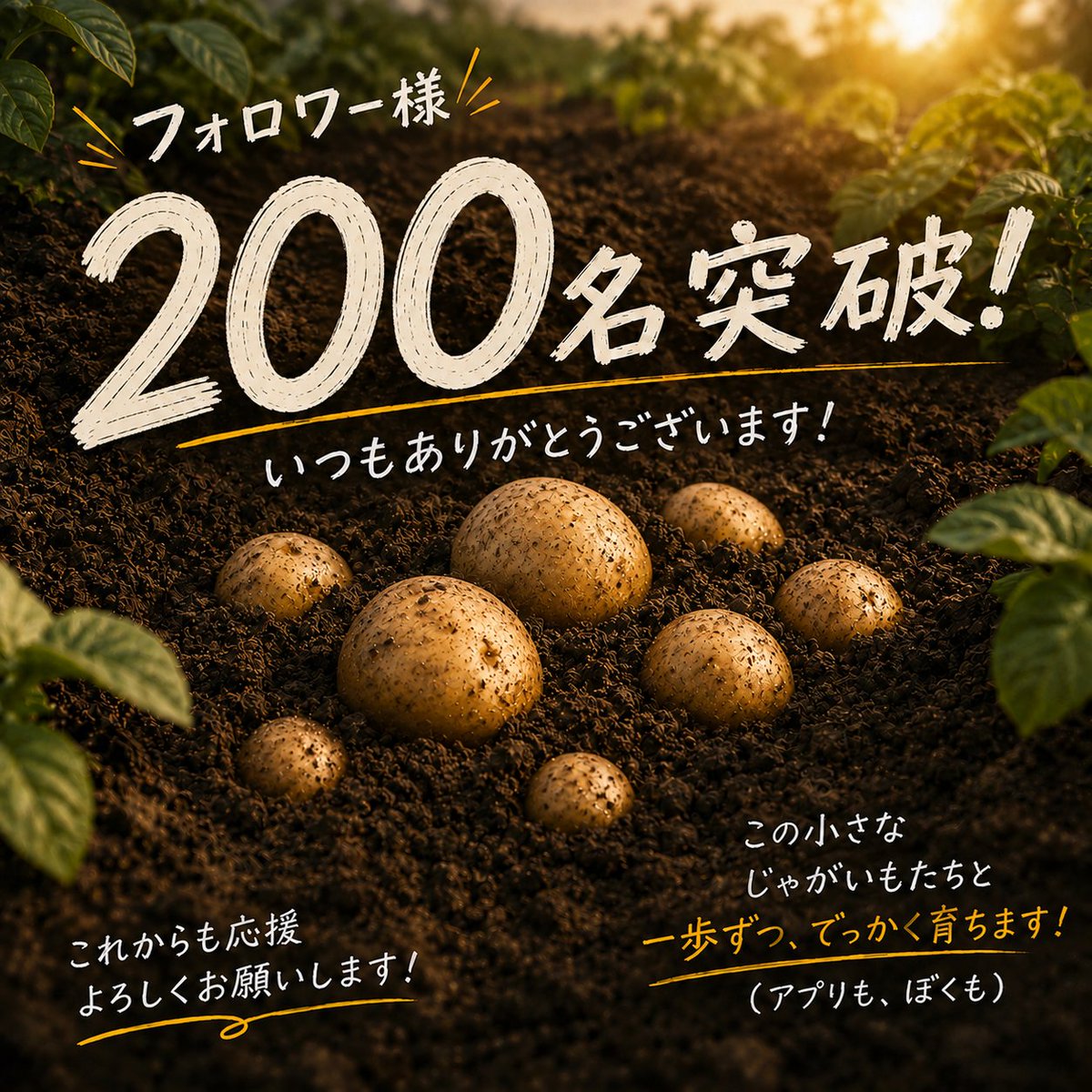 potato_34_app's tweet photo. 🥔 フォロワー様200名突破しました！
1日で100名→200名の方が見つけてくれました。
アプリは試作品を鋭意製作中です。売上も0円。Gitにも苦戦中です。笑 
それでも応援してくださる皆様、本当にありがとうございます。
「自分も何かやってみよう」  そんな小さな勇気を届けられるように、これからも失敗ごと全部発信していきます。
目標は売上1億円。
じゃがいもは、少しずつ土から出ていきます。
これからもよろしくお願いします！