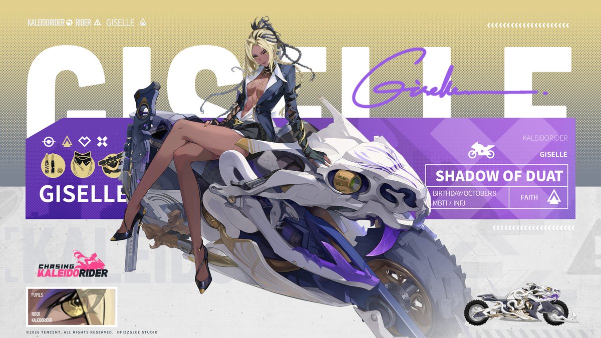 KaleidoRIDER_EN's tweet photo. [KALEIDO Test - RIDER Profile]

Name: Giselle
Height: 175cm
Birthday: Oct 9
MBTI: INFJ

The captain and elite sniper of MTF 404—with her around, the squad can truly function as a whole (setting aside her squadmates' occasionally headache-inducing antics). As the sole NAVIGATOR, your arrival might just point them toward a new horizon.

Kyle's Note: Does someone who's always leading the way get lost at a crossroads too...? NAVIGATOR, now it's your turn to guide her!

Chasing Kaleidorider Pre-register on official site now! 🔥
Want to unlock your very own romantic anecdotes? Hurry up and pre-register today!

Follow our official accounts to get the latest intel on the RIDERS first!

#ChasingKaleidorider #KALEIDOTest