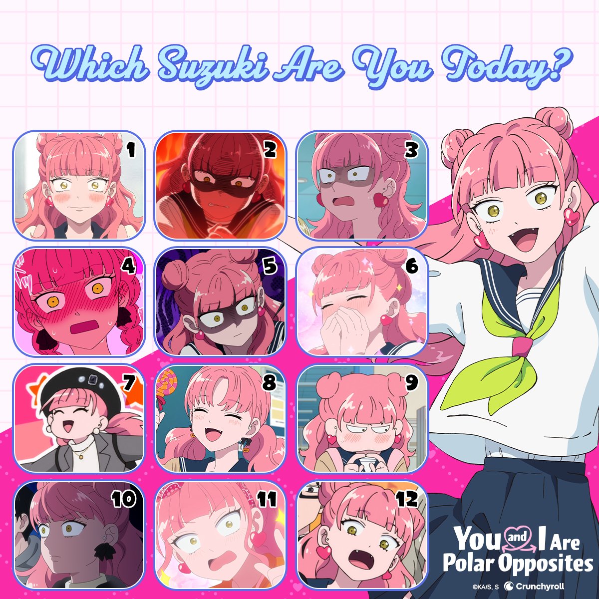 Crunchyroll's tweet photo. Suzuki is a girl of many expressive faces 💕 Tell us which Suzuki matches your mood today! https://t.co/CLpzXN7UCE
