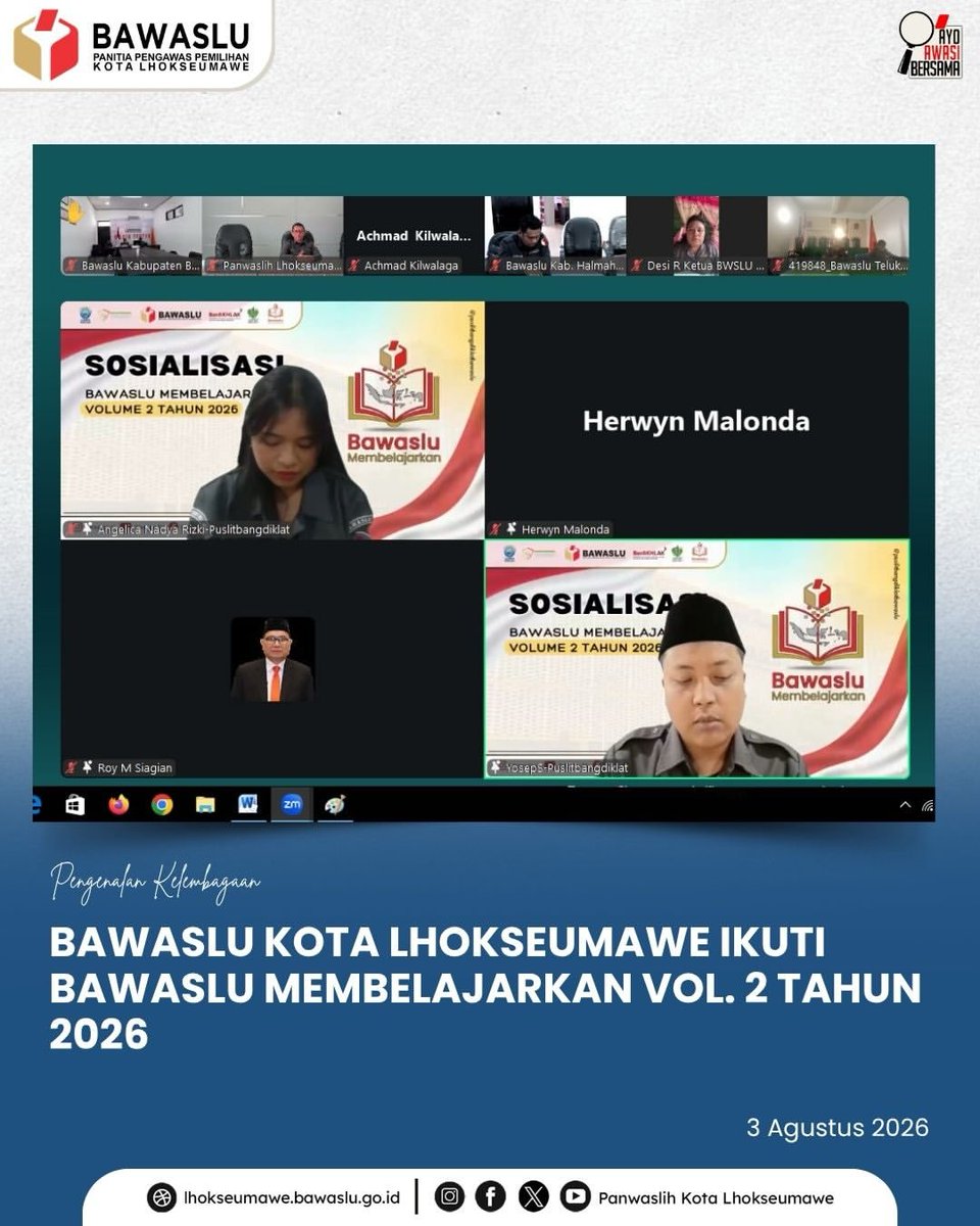 Panwaslih_LSM's tweet photo. Bawaslu Kota Lhokseumawe mengikuti kegiatan Bawaslu Membelajarkan Vol. 2 Tahun 2026 yang diselenggarakan oleh Bawaslu RI secara daring melalui Zoom Meeting, Senin (3/8/2026). https://t.co/UTXMqoSi1D