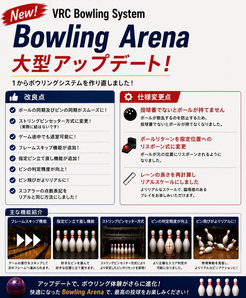 Sarutori_VRC's tweet photo. 【 重大告知 】
Bowling Arena 大型アップデート‼️
今回！なんと！ボウリングシステムを1から作り直しました🎳

ということで、新システムお披露目会及び説明会を開こうと思います❗️

日時: 8月8日(土) 20:00～21:00
場所: VRCボウリング部グループ＋インスタンス

みんなきてねー‼️
#VRChat #VRCボウリング部