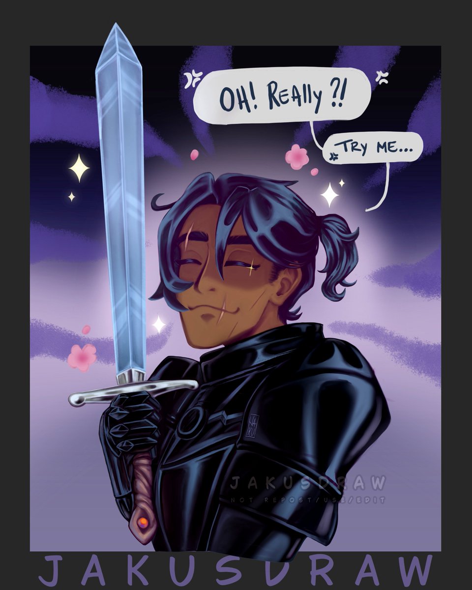jakusdraw's tweet photo. Lundi's OC, Korbo | ArtFight 2026 attack 

This attack is very late. 😅 

 "He could kill you, but he probably won't."
 I loved that idea, so I gave him a smile that doesn't quite match what his sword has in mind.

#dndcharacter  #OCㅤㅤ #digitalartist #vgencomm #artfight2026 https://t.co/yuRxqmx5h4