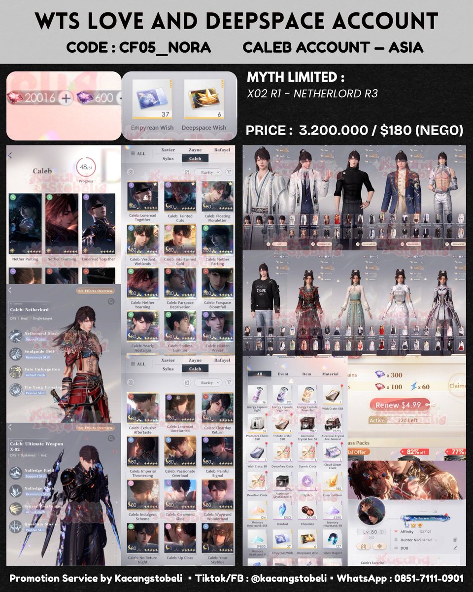 kastobeli's tweet photo. ‼️ #WTS LOVE AND DEEPSPACE ACCOUNT 
CALEB FOCUS – Server : Asia
► Price : 3.200.000 / $180

✨ LIMITED MYTH : X02 R1 - NETHERLORD R3

More details? Check here

#warunglads #ladstwt #LoveandDeepspace #zonauang️ #zonajajan #wtslads https://t.co/wR12OBHL5R
