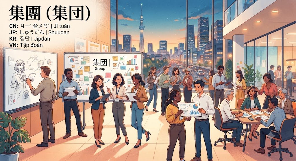 HocdoD26286's tweet photo. 集團
"A group of people"
（简体字：集团、日本漢字：集団）

CN: ㄐㄧˊ ㄊㄨㄢˊ 、Jí tuán
JP: しゅうだん（Shuudan）
KR: 집단（Jipdan）
VN: Tập đoàn https://t.co/rja1ypheKe