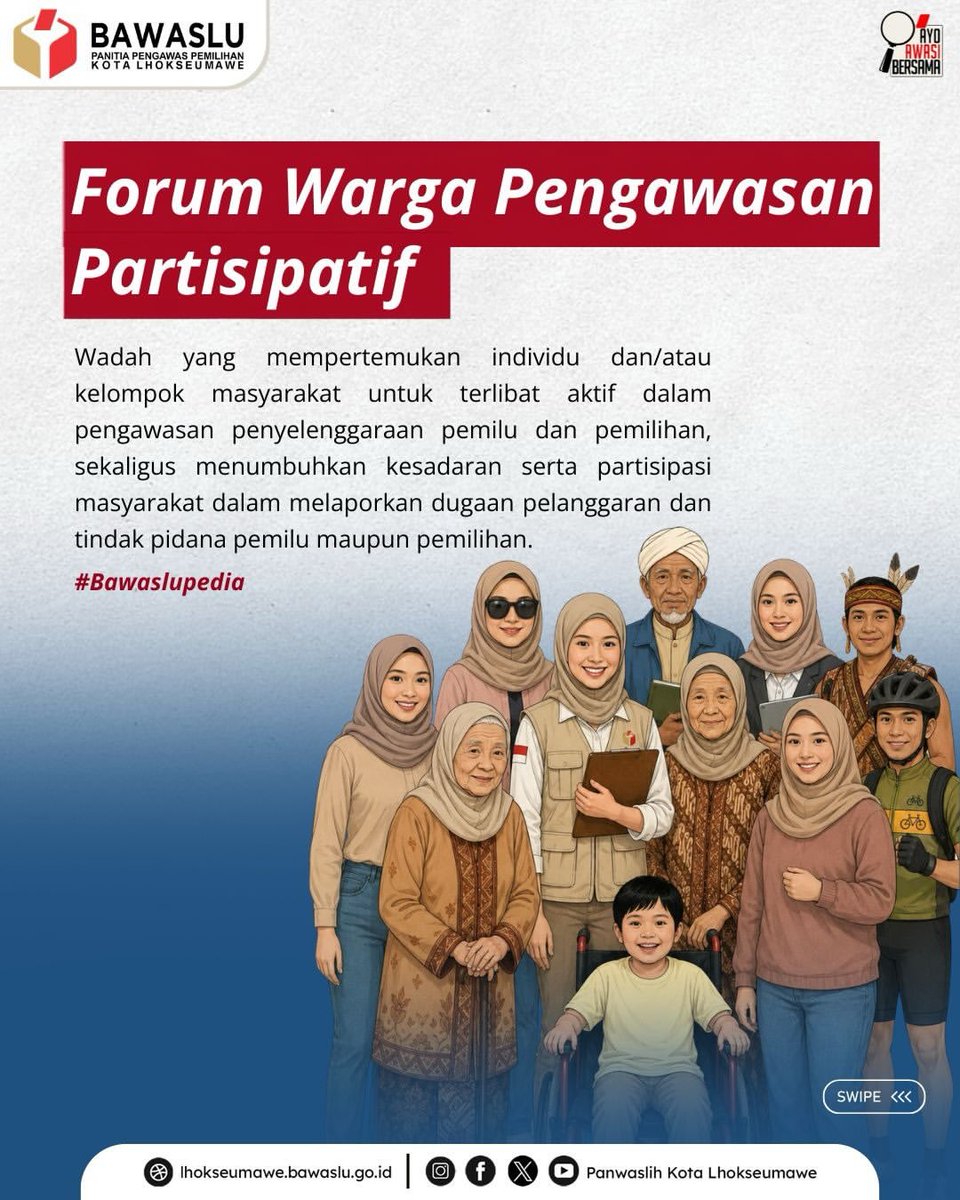 Panwaslih_LSM's tweet photo. Forum warga pengawasan partisipatif merupakan salah satu program pengawasan partisipatif yang diselenggarakan Bawaslu 

#Bawaslupedia edisi kali ini membahas tentang forum tersebut, geser kiri untuk lihat selengkapnya ya, #SahabatBawaslu

#ForumWargaPengawasanPartisipatif https://t.co/wusrJPbKws
