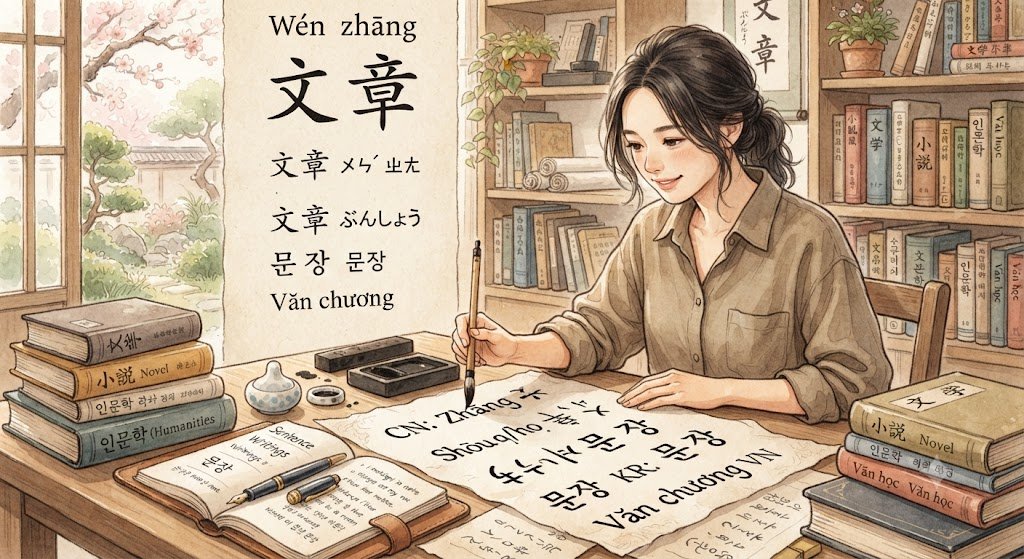 HocdoD26286's tweet photo. 文章
"Sentence", "Writings"
（简体字：文章、日本漢字：文章）

CN: ㄨㄣˊ ㄓㄤ 、Wén zhāng
JP: ぶんしょう（Bunshou）
KR: 문장（Munjang）
VN: Văn chương https://t.co/auipHOYXtI