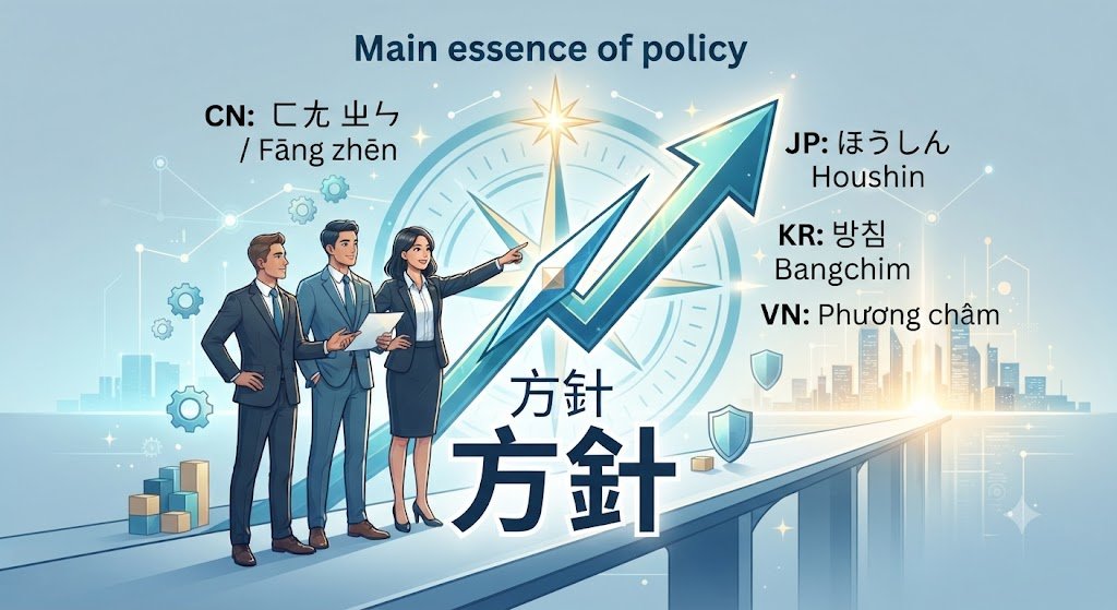 HocdoD26286's tweet photo. 方針
"Main essence of policy", "Guideline"
（简体字：方针、日本漢字：方針）

CN: ㄈㄤ ㄓㄣ 、Fāng zhēn
JP: ほうしん（Houshin）
KR: 방침（Bangchim）
VN: Phương châm https://t.co/ATnLVAzevY