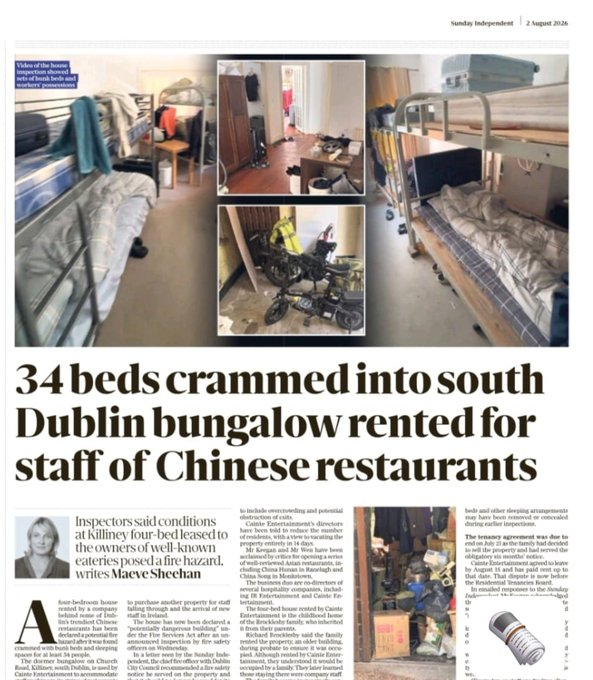 Nick_Delehanty's tweet photo. I think there is a much bigger story here..

Last weekend, the Sunday Independent revealed how 34 bunk beds had been crammed into a small bungalow in South Dublin to house Chinese restaurant staff.

Ian Keegan and Xiaohua Wen are the directors of the restaurant.

But using our new database "Public Data Unpacked" we can easily find at least 18 other companies connected to Ian Keegan and Wen.

These companies received 187 employment permits since 2020! 🤯

Surely this raises serious questions about the work visa scheme??

Are any of these jobs, wages or workplaces inspected?

How many other houses are being used?

Did anyone check whether this network of companies could accommodate foreign workers?

The State repeatedly approved these 187 permits with ease. It should now conduct a full audit and publish the findings.